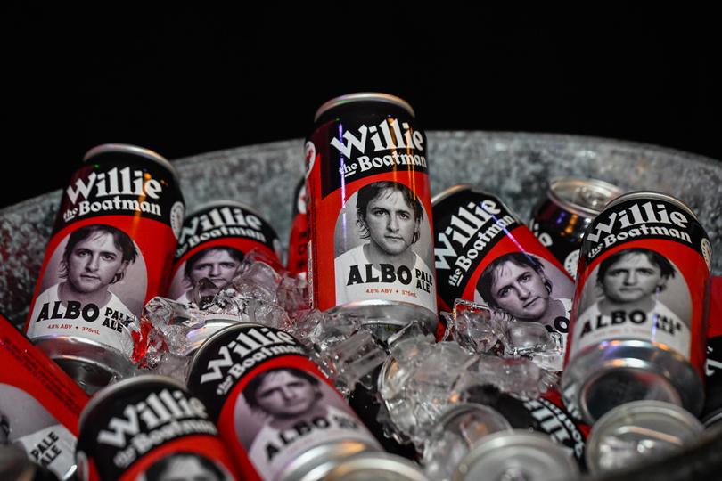 Cans of "Willie the Boatman ALBO Pale Ale" beer, named after Prime Minister Anthony Albanese, are seen in an ice bucket at the party's election night event on May 03, 2025 in Sydney, Australia. Willie the Boatman ALBO beer is a pale ale named after Anthony Albanese, originally brewed as a nod to his status as a local community figure and supporter of the craft beer industry before he became Australia’s Prime Minister. 