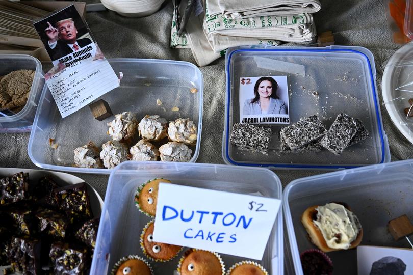 Cakes are seen for sale at a stall at the Camdenville public school polling place, in Newtown, Sydney, Saturday, May 3.