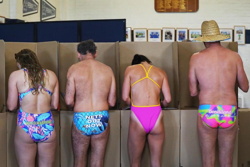 Early morning swimmers place their vote at Bondi Surf Bathers' Life Saving Club in Bondi Beach on May 03, 2025 in Sydney, Australia. 