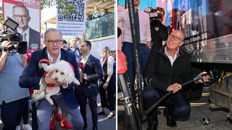 Anthony Albanese and Peter Dutton out and about on election day.