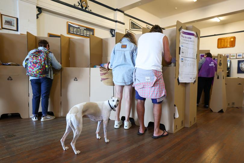 Bondi locals Stevie and Frankie voting while their whippet Buddy waits beside them. 
