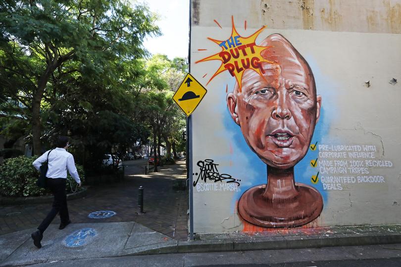 A mural by Australian artist Scott Marsh depicting Opposition Leader Peter Dutton is seen in the suburb of Darlinghurst on May 03, 2025 in Sydney, Australia. 