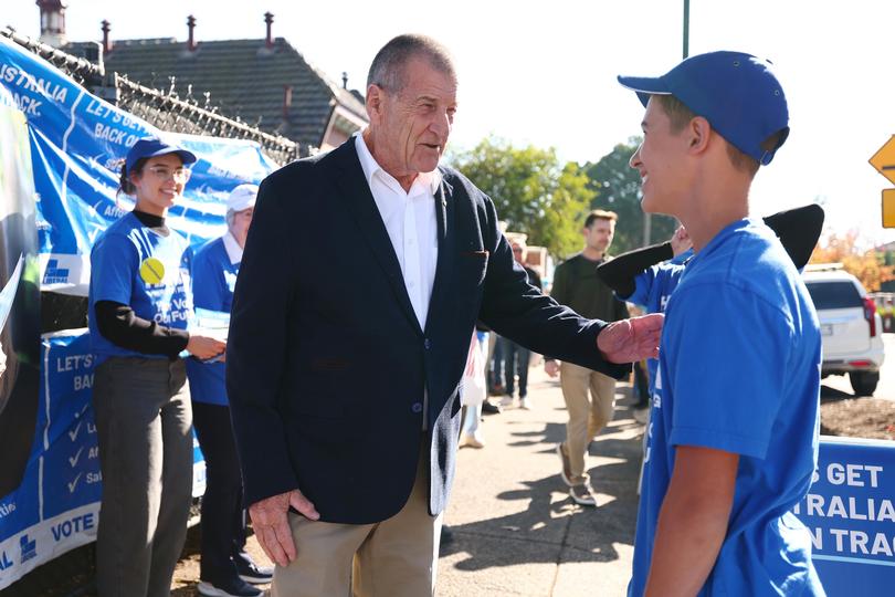 Former premier of Victoria, Jeff Kennett greets supporters at Kew Primary School in the seat of Kooyong on May 03, 2025 in Melbourne, Australia. 