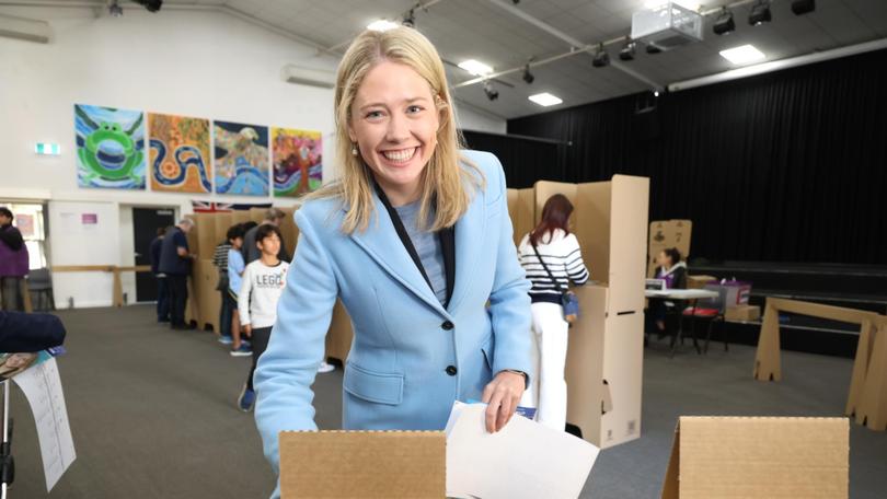 Federal election coverage in the seat of Kooyong. Liberal Candidate Amelia Hamer voting at Balwyn Primary school. Saturday, May 3. 2025. Picture: David Crosling