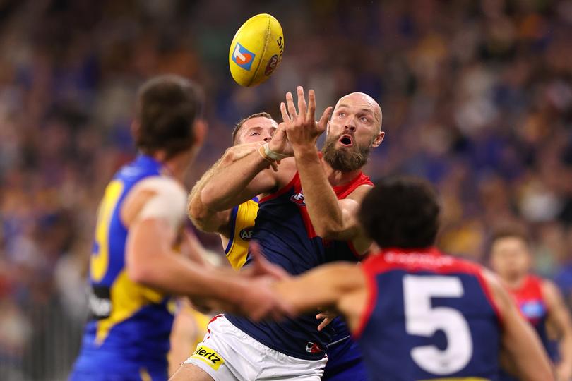 PERTH, AUSTRALIA - MAY 03: Max Gawn of the Demons contest for a mark against Matt Flynn of the Eagles during the round eight AFL match between West Coast Eagles and Melbourne Demons at Optus Stadium, on May 03, 2025, in Perth, Australia. (Photo by Paul Kane/Getty Images via AFL Photos)