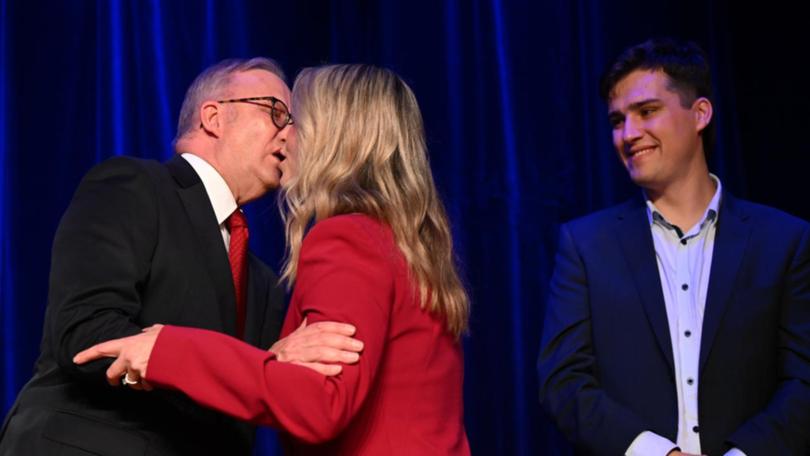 Anthony Albanese and Jodie Haydon on election night. (Lukas Coch/AAP PHOTOS)