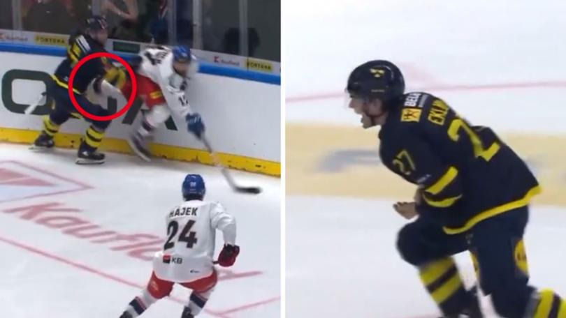 William Eklund’s arm was cut by a rival’s skate in a scary incident.