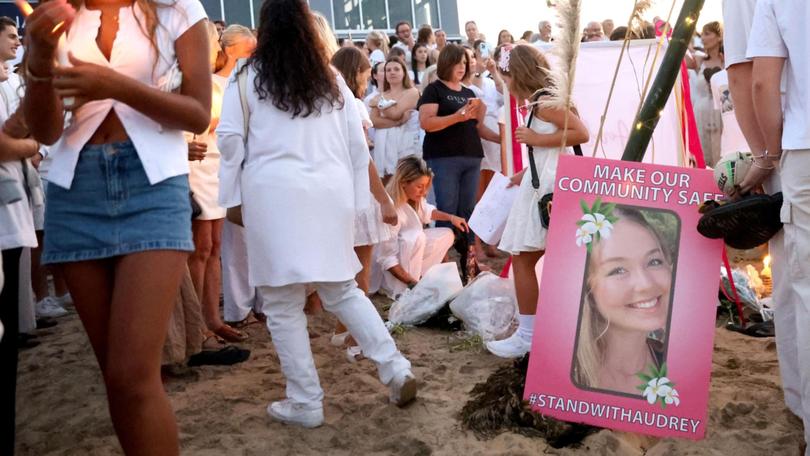 Crowds gathered to remember Audrey Griffin at a memorial on Terrigal Beach. Picture: NewsWire / Damian Shaw