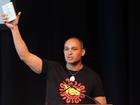 Thomas Mayo with a copy of  the Australian Constitution at the Yes Forum, Albany Entertainment Centre, Friday afternoon.