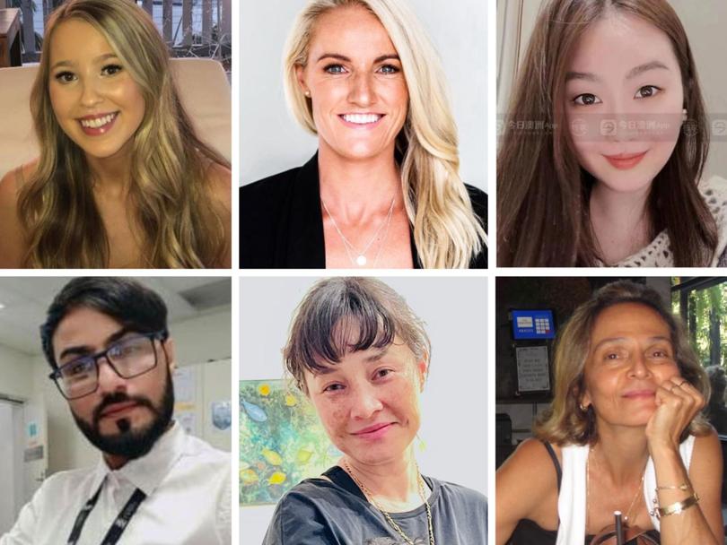 Bondi stabbing victims (top l-r) Dawn Singleton, Ashlee Good, Cheng Yixuan, (bottom l-r) Faraz Tahir, Jade Young and Pikria Darchia.