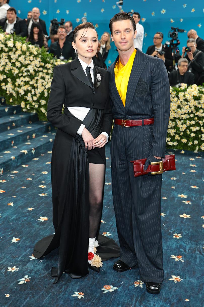 NEW YORK, NEW YORK - MAY 05: (L-R) Aimee Lou Wood and Patrick Schwarzenegger attend the 2025 Met Gala Celebrating "Superfine: Tailoring Black Style" at Metropolitan Museum of Art on May 05, 2025 in New York City. (Photo by Dimitrios Kambouris/Getty Images for The Met Museum/Vogue)
