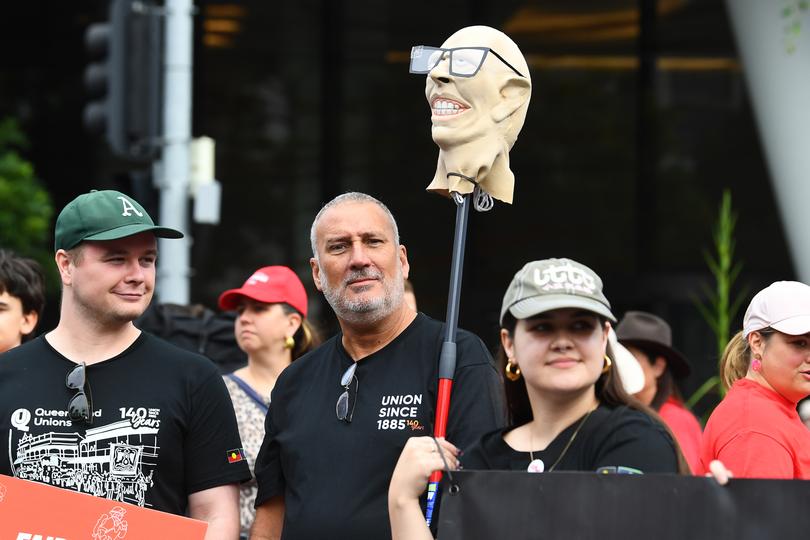 A plastic head depicting Peter Dutton is seen at the Labor Day Rally in the Brisbane CBD, Monday, May 5, 2025.