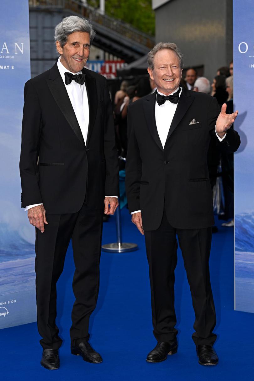 John Kerry and Dr. Andrew Forrest attend the "Ocean With David Attenborough" World Premiere at The Royal Festival Hall on May 06, 2025 in London, England.