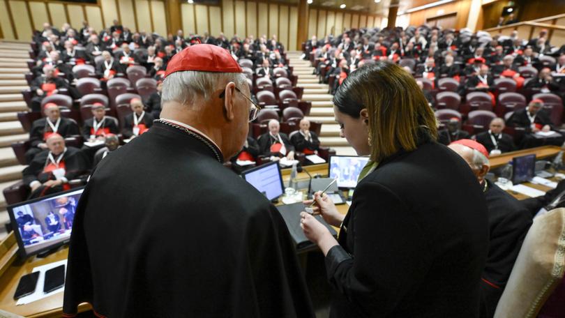 Kevin Farrell, Camerlengo of the Holy Roman Church, oversees the annulment of the papal fisherman's ring and lead seal during the 12th general congregation of the College of Cardinals.