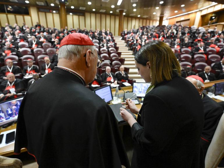 Kevin Farrell, Camerlengo of the Holy Roman Church, oversees the annulment of the papal fisherman's ring and lead seal during the 12th general congregation of the College of Cardinals.