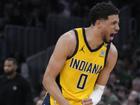 The Pacers' Tyrese Haliburton has drained a game-winning triple to steal Game 2 at Cleveland. (AP PHOTO)