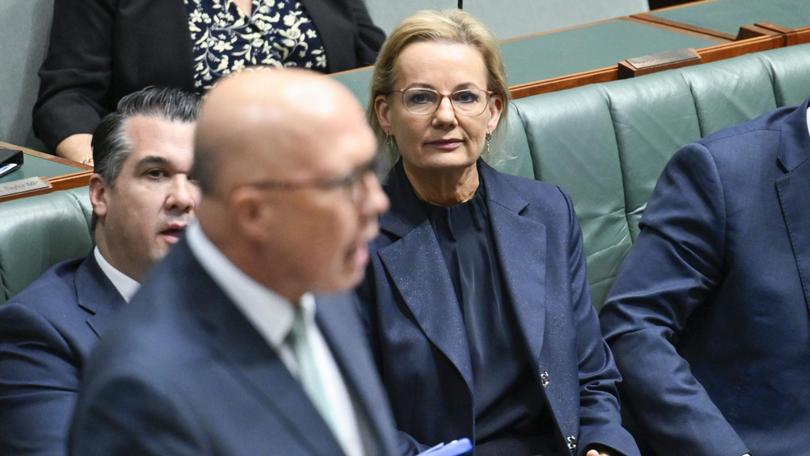 Deputy Leader of the Opposition Sussan Ley watches then-Opposition Leader Peter Dutton in Parliament House.