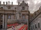 St Peter's Basilica with a large screen showing the Cardinals prior to the start of the conclave to elect the next pope on May 7.
