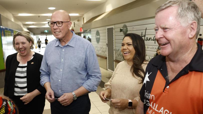 Senator Jacinta Nampijinpa Price is pictured with former Opposition Leader Peter Dutton during the election campaign.