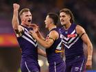PERTH, AUSTRALIA - MAY 08: Josh Treacy of the Dockers celebrates a goal during the round nine AFL match between Fremantle Dockers and Collingwood Magpies at Optus Stadium, on May 08, 2025, in Perth, Australia. (Photo by Paul Kane/Getty Images)