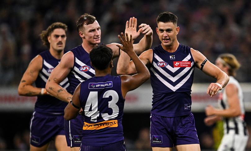 PERTH, AUSTRALIA - MAY 08: Patrick Voss of the Dockers celebrates a goal during the 2025 AFL Round 09 match between the Fremantle Dockers and the Collingwood Magpies at Optus Stadium on May 8, 2025 in Perth, Australia. (Photo by Daniel Carson/AFL Photos via Getty Images)