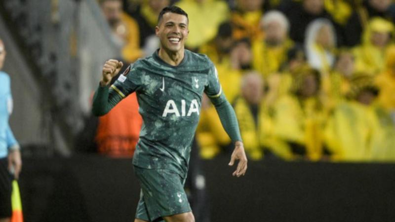 Spurs' Pedro Porro celebrates the second goal that seals their place in the Europa League final.