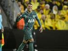 Spurs' Pedro Porro celebrates the second goal that seals their place in the Europa League final.