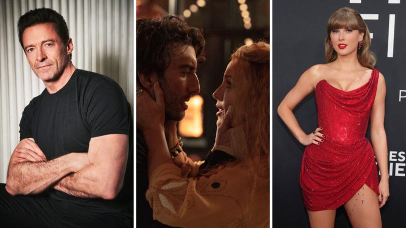 Hugh Jackman, left, Justin Baldoni and Blake Lively in It Ends With Us, centre and Taylor Swift.