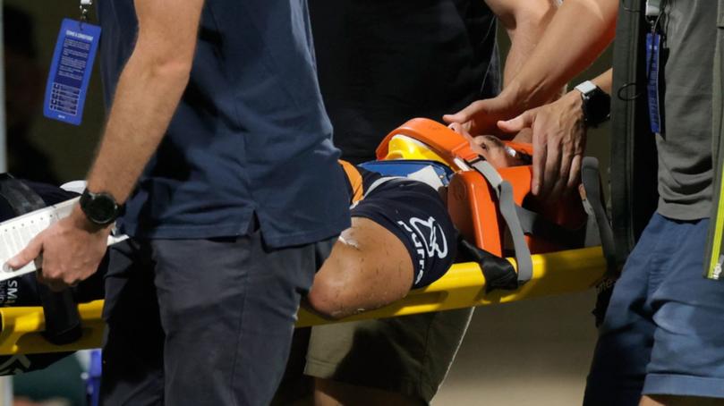 Brumbies star Noah Lolesio was stretchered off after suffering a suspected spinal injury.