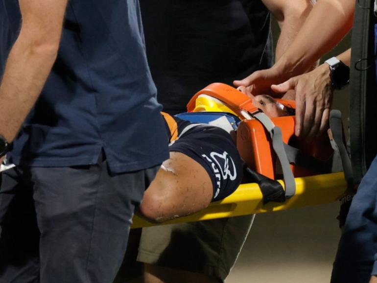 Brumbies star Noah Lolesio was stretchered off after suffering a suspected spinal injury.