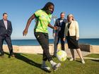 Deputy Premier Rita Saffioti & Minister Reece Whitby announce upcoming Matildas matches for WA: Theo Mouithys shows off her skills to Football West CEO Jamie Harnwell as well as Saffioti and Whitby. Michael Wilson