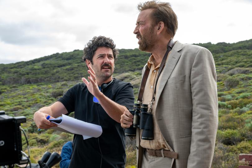 Lorcan Finnegan on the set of The Surfer with Nicolas Cage.