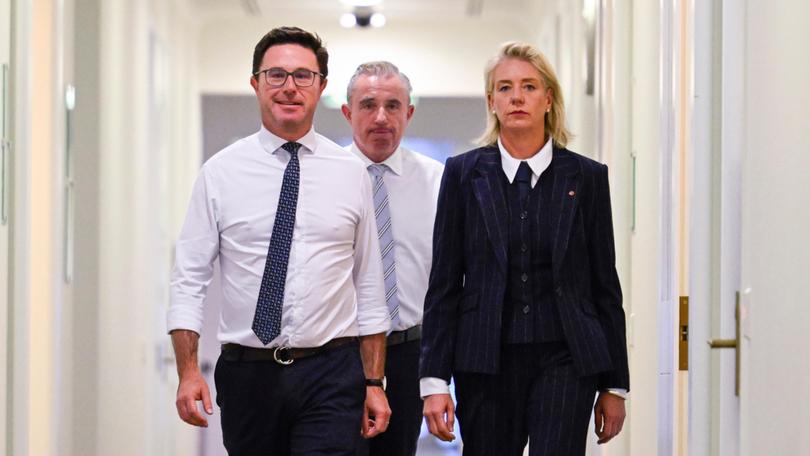 Leader of The Nationals, David Littleproud, Kevin Hogan and Bridget McKenzie leave The Nationals' party room after winning the leadership vote at Parliament House in Canberra.