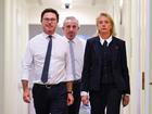 Leader of The Nationals, David Littleproud, Kevin Hogan and Bridget McKenzie leave The Nationals' party room after winning the leadership vote at Parliament House in Canberra.