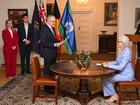 Australian Prime Minister Anthony Albanese is sworn in by Australian Governor-General Sam Mostyn during a swearing-in ceremony at Government House in Canberra, Tuesday, May 13, 2025. (AAP Image/Lukas Coch) NO ARCHIVING