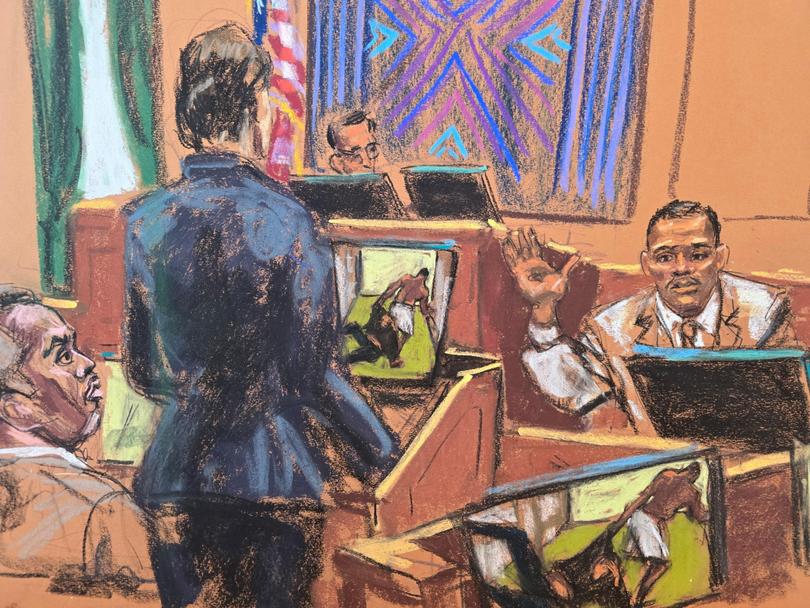 Prosecutor Christy Slavik questions Israel Florez, a former security guard, as Sean "Diddy" Combs and US District Judge Arun Subramanian listen at Combs' sex trafficking trial in New York City.