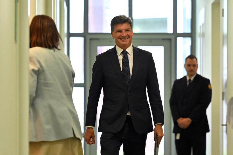 Shadow Treasurer Angus Taylor arrives at a Liberals party room meeting for a leadership ballot at Parliament House in Canberra, Tuesday, May 13, 2025.