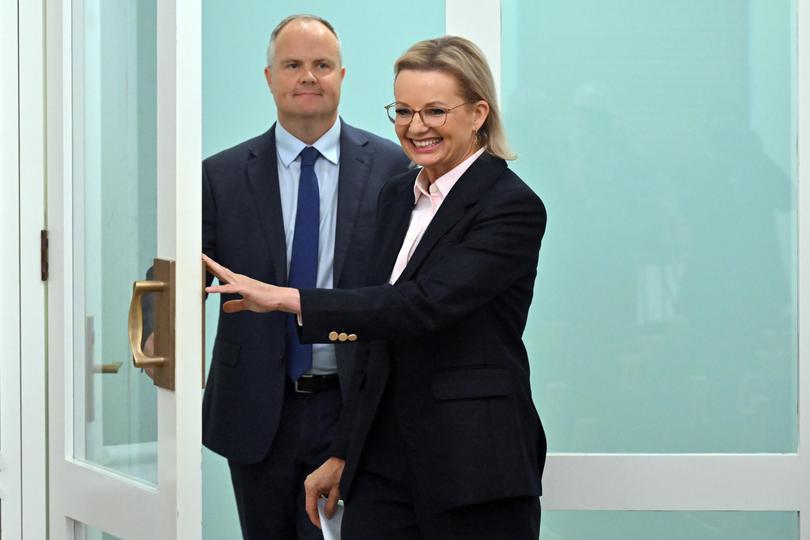 Leader of the Opposition Sussan Ley and Deputy Leader of the Opposition Ted O’Brien arrive at a press conference at Parliament House in Canberra, Tuesday, May 13, 2025.
