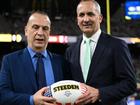 ARLC chairman Peter V'landys and NRL chief executive Andrew Abdo. at Allegiant Stadium in Las Vegas.