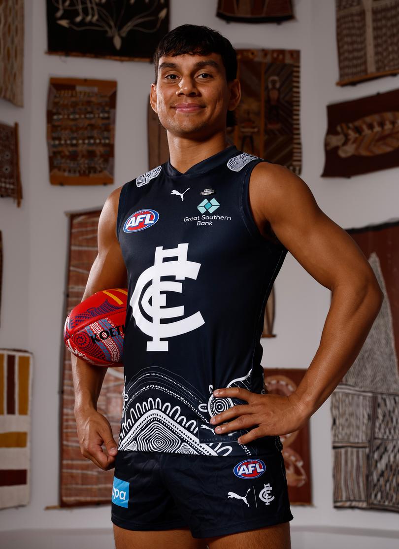 MELBOURNE, AUSTRALIA - MAY 13: Jesse Motlop of the Blues poses during the 2025 Sir Doug Nicholls Round Media Opportunity at the Ian Potter Centre on May 13, 2025 in Melbourne, Australia. (Photo by Michael Willson/AFL Photos)