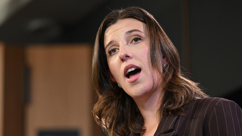 Co-founder and chief executive officer of Cheek Media Co Hannah Ferguson addresses the National Press Club of Australia in Canberra, Wednesday, May 14, 2025.