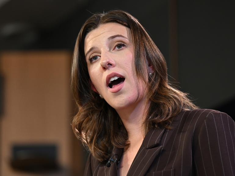 Co-founder and chief executive officer of Cheek Media Co Hannah Ferguson addresses the National Press Club of Australia in Canberra, Wednesday, May 14, 2025. 