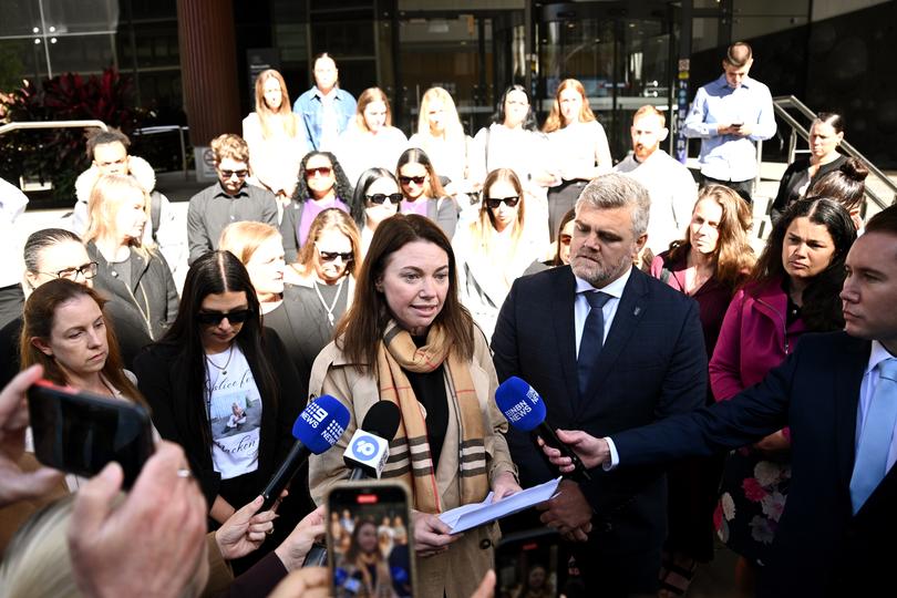 Tabitha Acret speaking outside the Newcastle Supreme Court following the sentence of Tyrone Thompson on May 2.