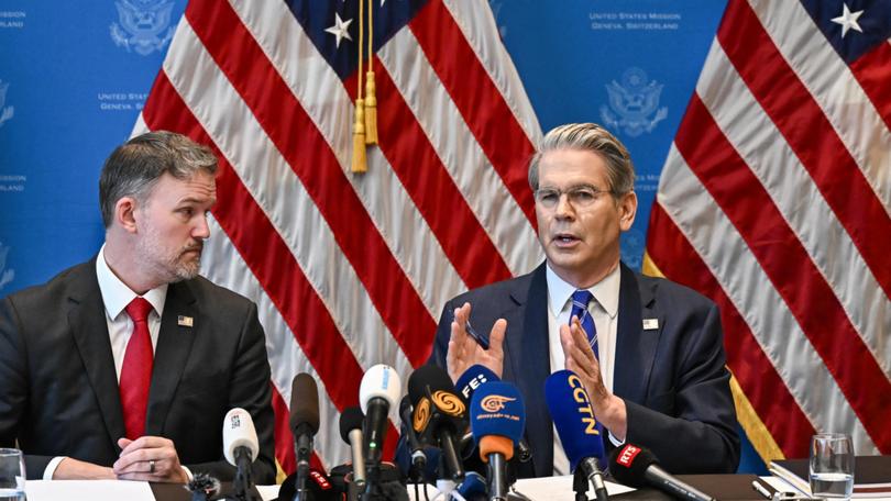 US Treasury Secretary Scott Bessent (R) and US Trade Representative Jamieson Greer hold a news conference in Geneva on May 12, 2025.