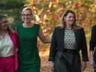 Mehreen Faruqi, Larissa Waters, Sarah Hanson-Young and Penny Allman-Payne prepare to speak to the media to announce the Greens' new leadership.