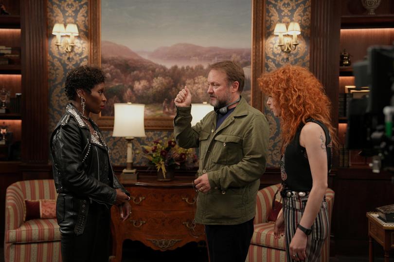 Rian Johnson on the set of Poker Face with Cynthia Erivo and Natasha Lyonne.