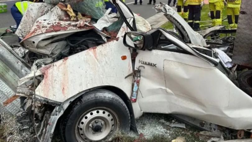 The ute was completely wrecked, folded like crumpled tin after the crash.
