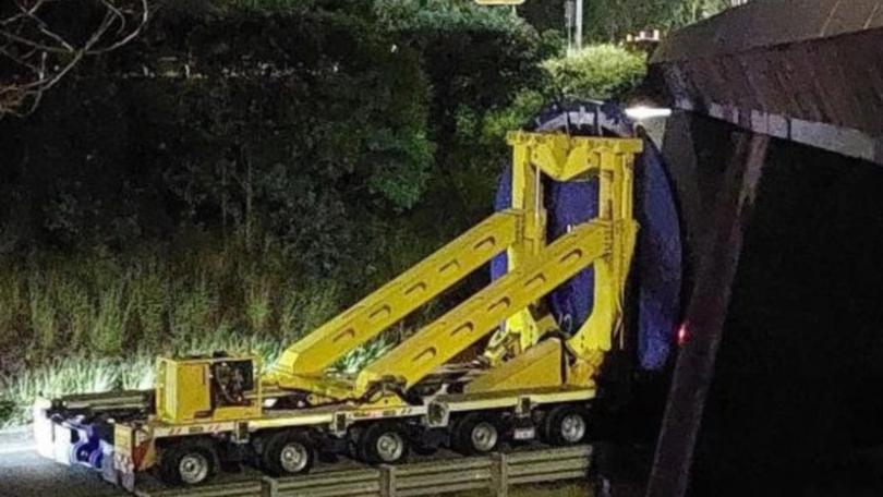 A truck carrying a section of a wind turbine has crashed into bridge on the Warrego Highway at North Tivoli just after 5.30am this morning. Facebook/CamJay
