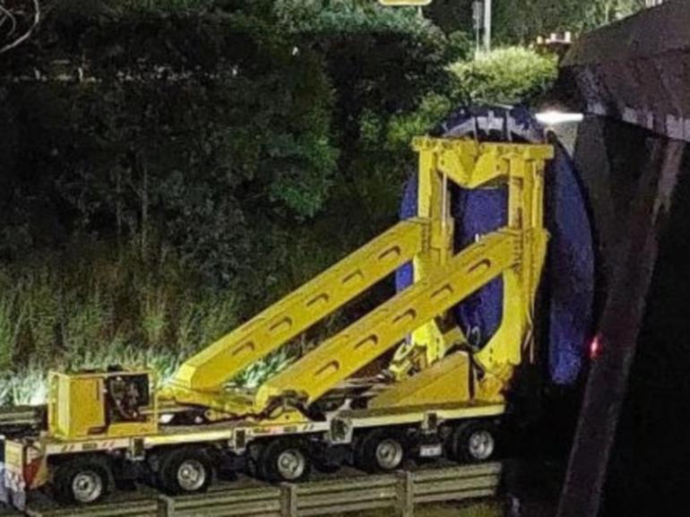 A truck carrying a section of a wind turbine has crashed into bridge on the Warrego Highway at North Tivoli just after 5.30am this morning. Facebook/CamJay