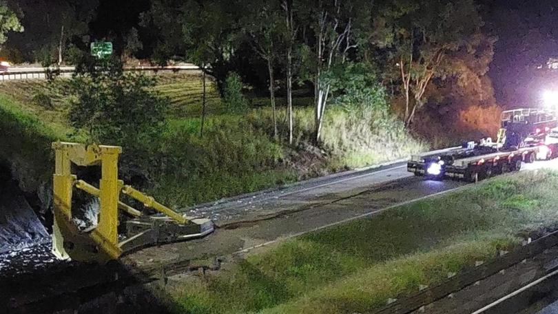 A truck carrying a section of a wind turbine has crashed into bridge on the Warrego Highway at North Tivoli just after 5.30am this morning. Picture: Facebook/CamJay